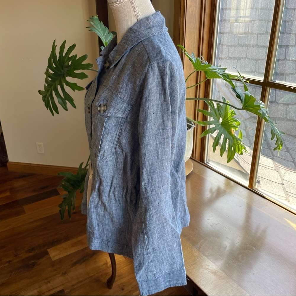 J. Jill Love Linen Casual Blue Tie Waist 100% Linen Utility Chore Jacket - Picture 5 of 15